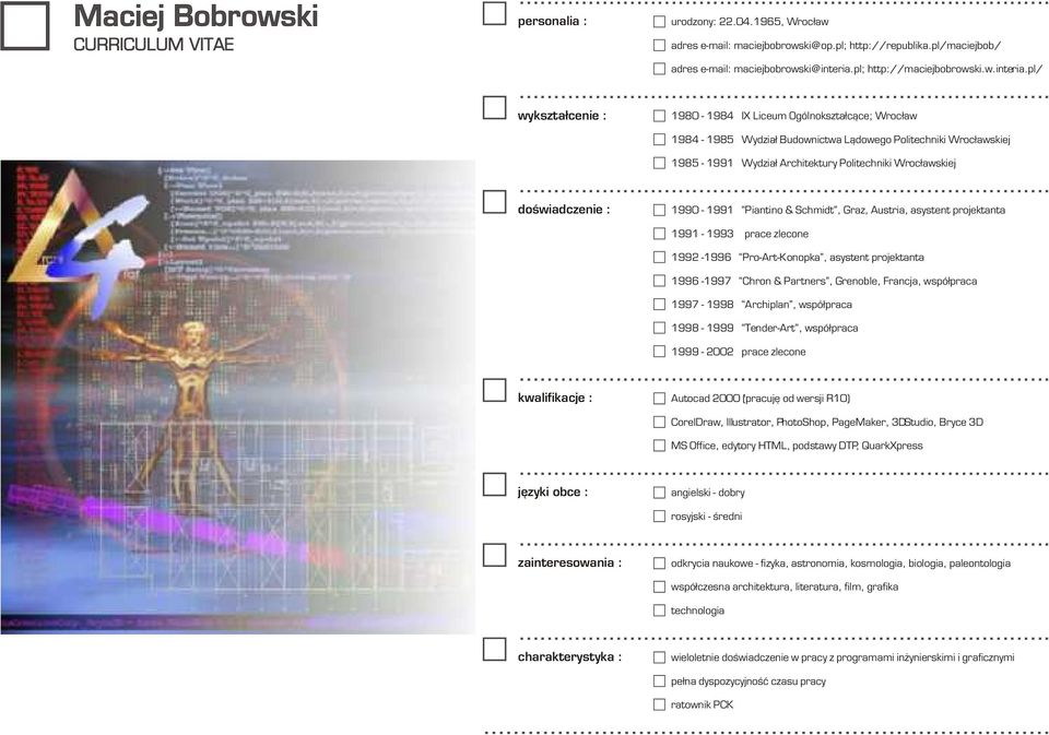 pl/ wykszta³cenie : 1980-1984 IX Liceum Ogólnokszta³c¹ce; Wroc³aw 1984-1985 Wydzia³ Budownictwa L¹dowego Politechniki Wroc³awskiej 1985-1991 Wydzia³ Architektury Politechniki Wroc³awskiej