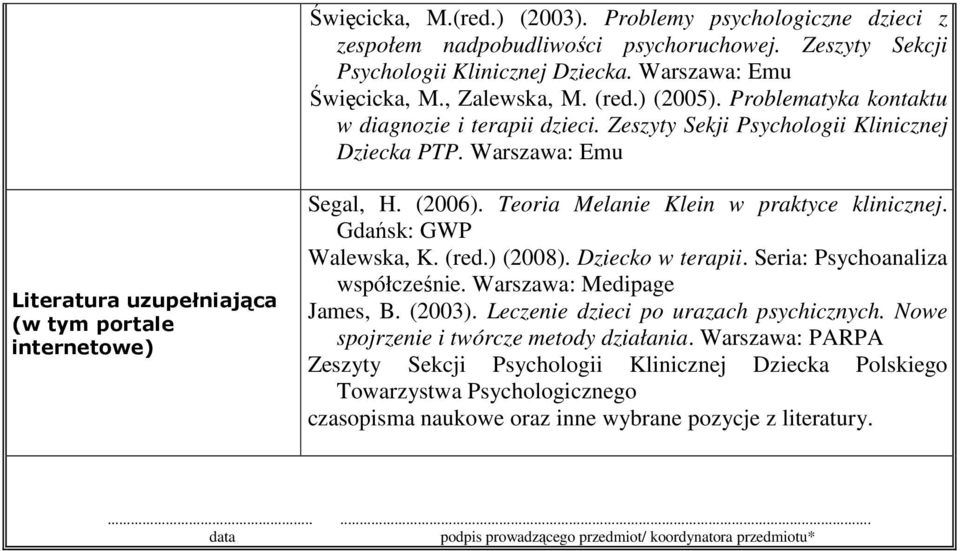 Teoria Melanie Klein w praktyce klinicznej. Gdańsk: GWP Walewska, K. (red.) (2008). Dziecko w terapii. Seria: Psychoanaliza współcześnie. Warszawa: Medipage James, B. (2003).