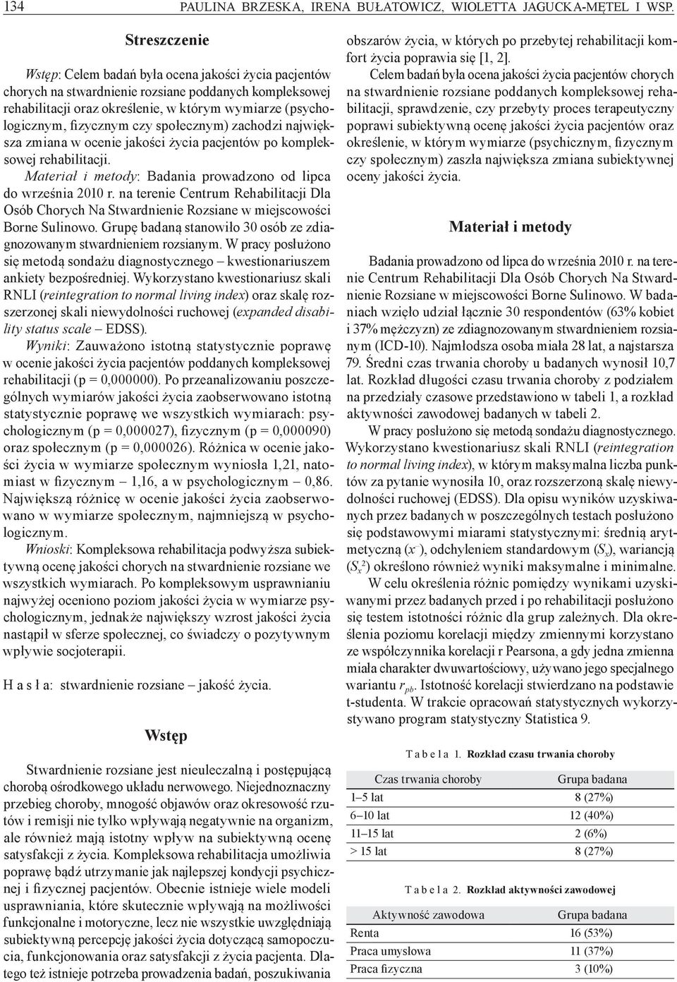 czy społecznym) zachodzi największa zmiana w ocenie jakości życia pacjentów po kompleksowej rehabilitacji. Materiał i metody: Badania prowadzono od lipca do września 2010 r.