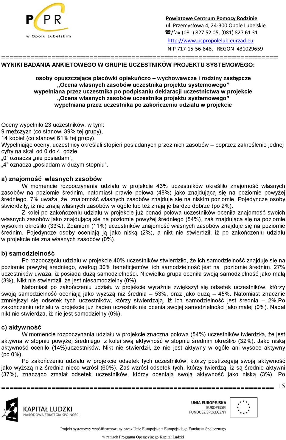 Oceny wypełniło 23 uczestników, w tym: 9 mężczyzn (co stanowi 39% tej grupy), 14 kobiet (co stanowi 61% tej grupy).