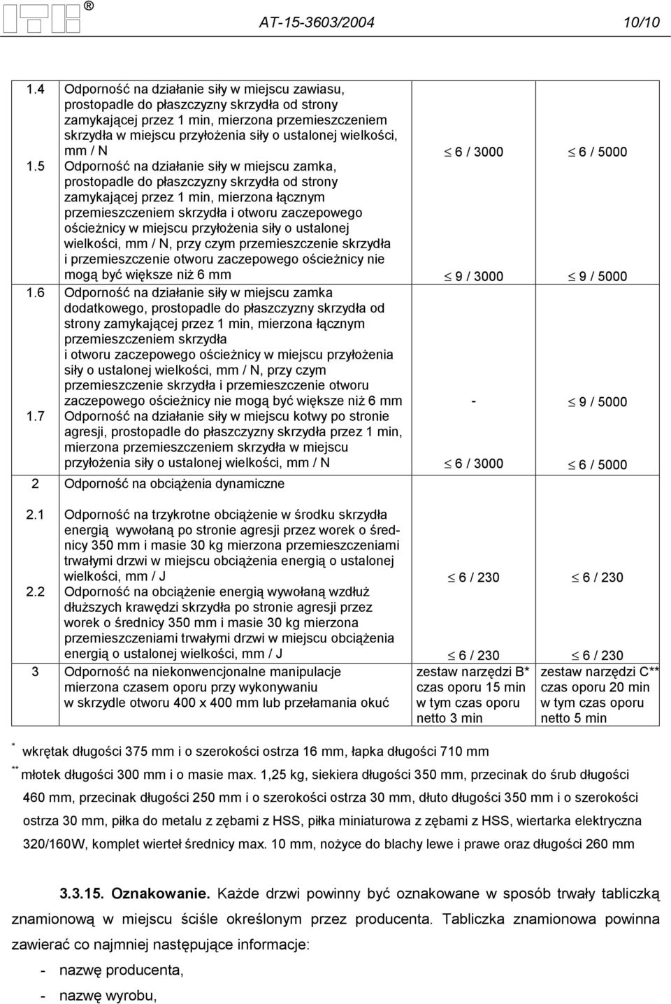 wielkości, mm / N Odporność na działanie siły w miejscu zamka, prostopadle do płaszczyzny skrzydła od strony zamykającej przez 1 min, mierzona łącznym przemieszczeniem skrzydła i otworu zaczepowego