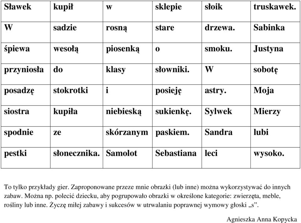 Samolot Sebastiana leci wysoko. To tylko przykłady gier. Zaproponowane przeze mnie obrazki (lub inne) można wykorzystywać do innych zabaw. Można np.