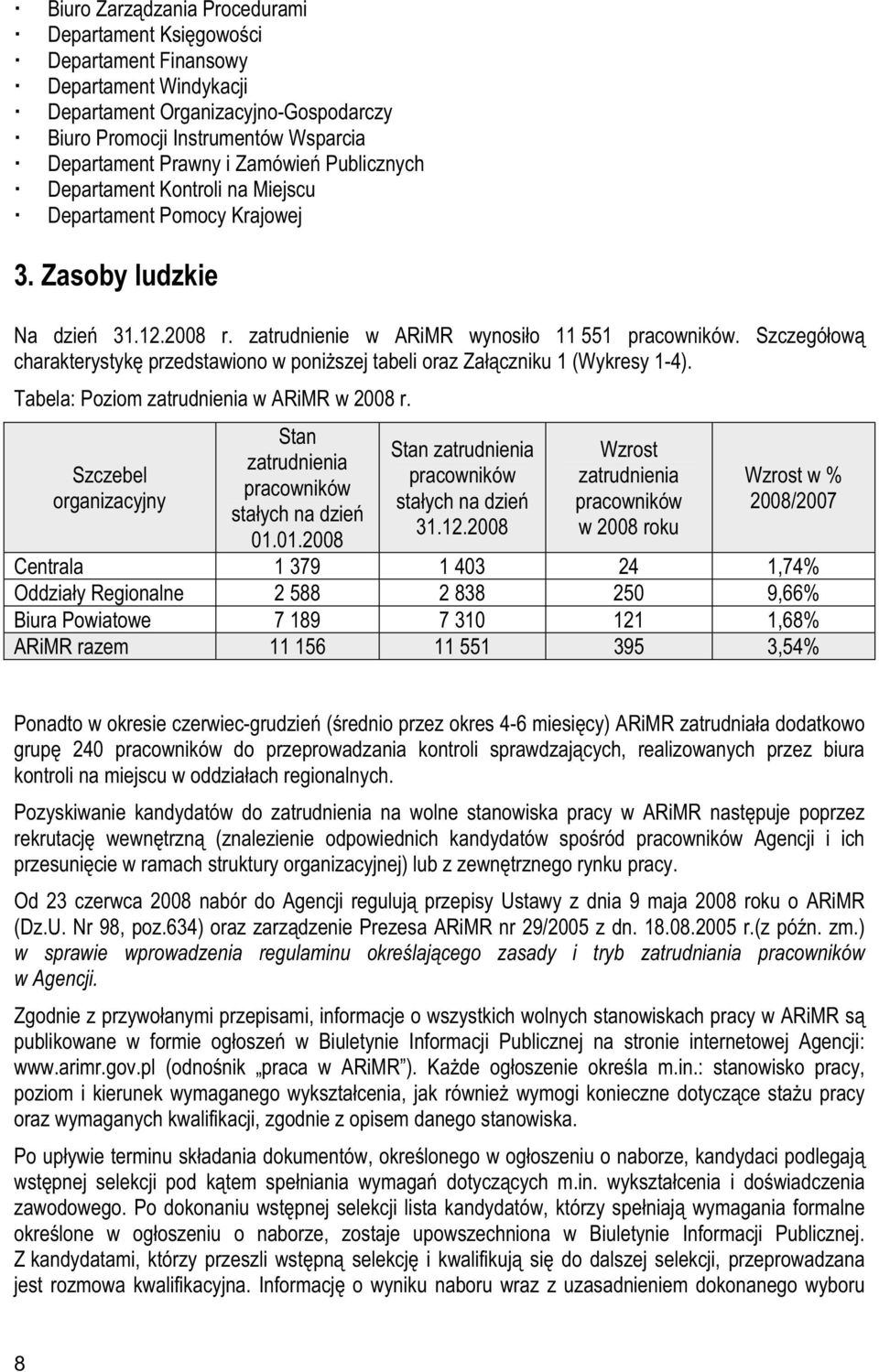 Szczegóow charakterystyk przedstawiono w poniszej tabeli oraz Zaczniku 1 (Wykresy 1-4). Tabela: Poziom zatrudnienia w ARiMR w 2008 r.