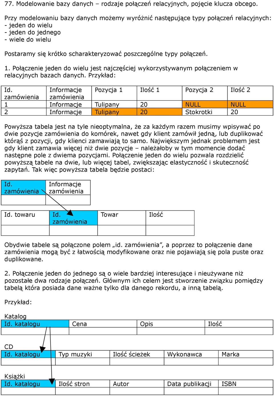 połączeń. 1. Połączenie jeden do wielu jest najczęściej wykorzystywanym połączeniem w relacyjnych bazach danych. Przykład: Id.