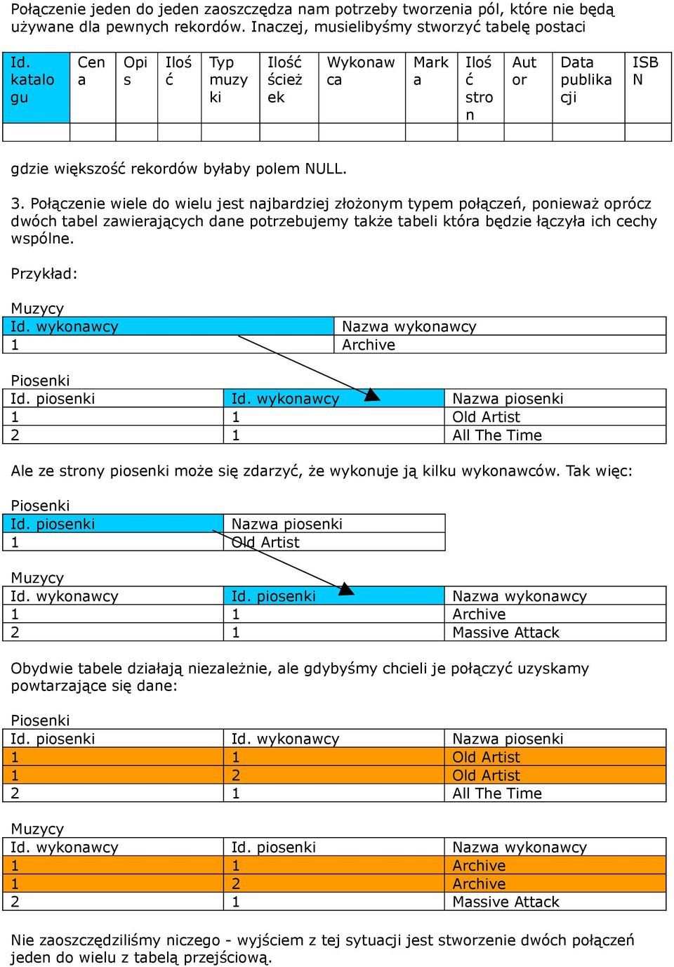 Połączenie wiele do wielu jest najbardziej złożonym typem połączeń, ponieważ oprócz dwóch tabel zawierających dane potrzebujemy także tabeli która będzie łączyła ich cechy wspólne.