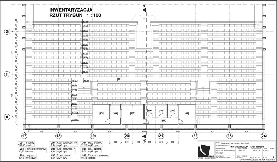 INWENTARYZACJA RZUT TRYBUN 1 : 100 204 3,94 205 3,94 206 3,94 Kab. sprawozd. TV wyk³. dyw. Kab. sprawozd. r. wyk³. dyw. P. techników wyk³. dyw. 207 12,52 208 6,04 209 10,78 Re. dÿwiêku wyk³. dyw. Re. œwiat³a wyk³.