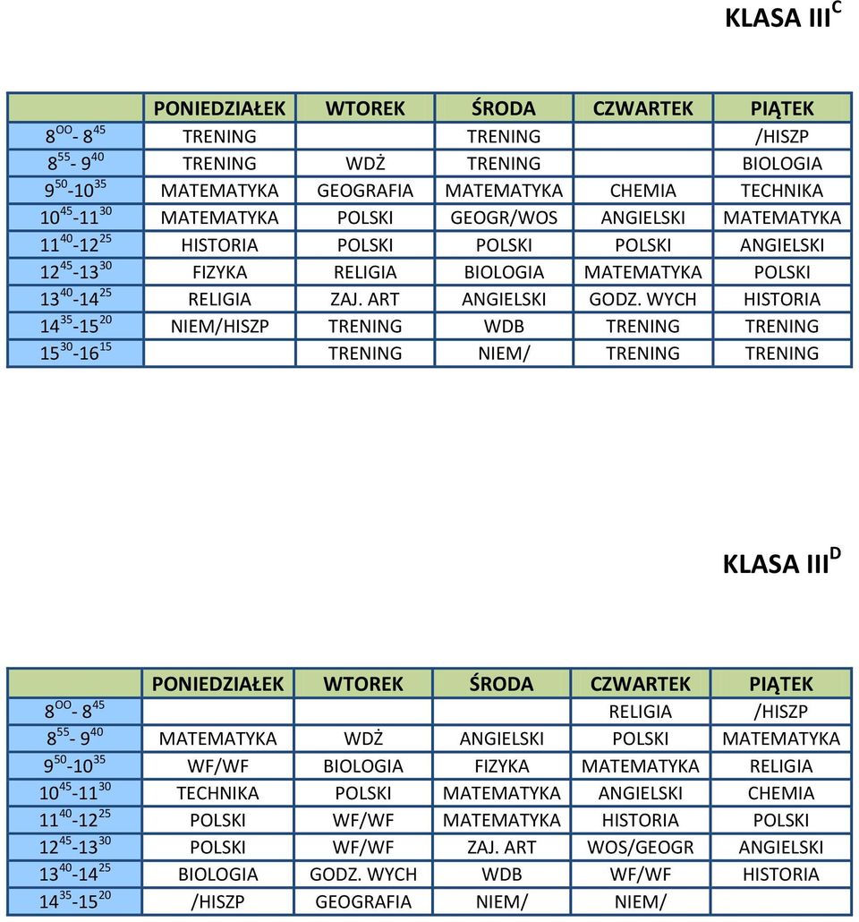 WYCH HISTORIA 14 35-15 20 NIEM/HISZP TRENING WDB TRENING TRENING TRENING NIEM/ TRENING TRENING KLASA III D 8 OO - 8 45 RELIGIA /HISZP 8 55-9 40 MATEMATYKA WDŻ ANGIELSKI POLSKI MATEMATYKA 9 50-10 35