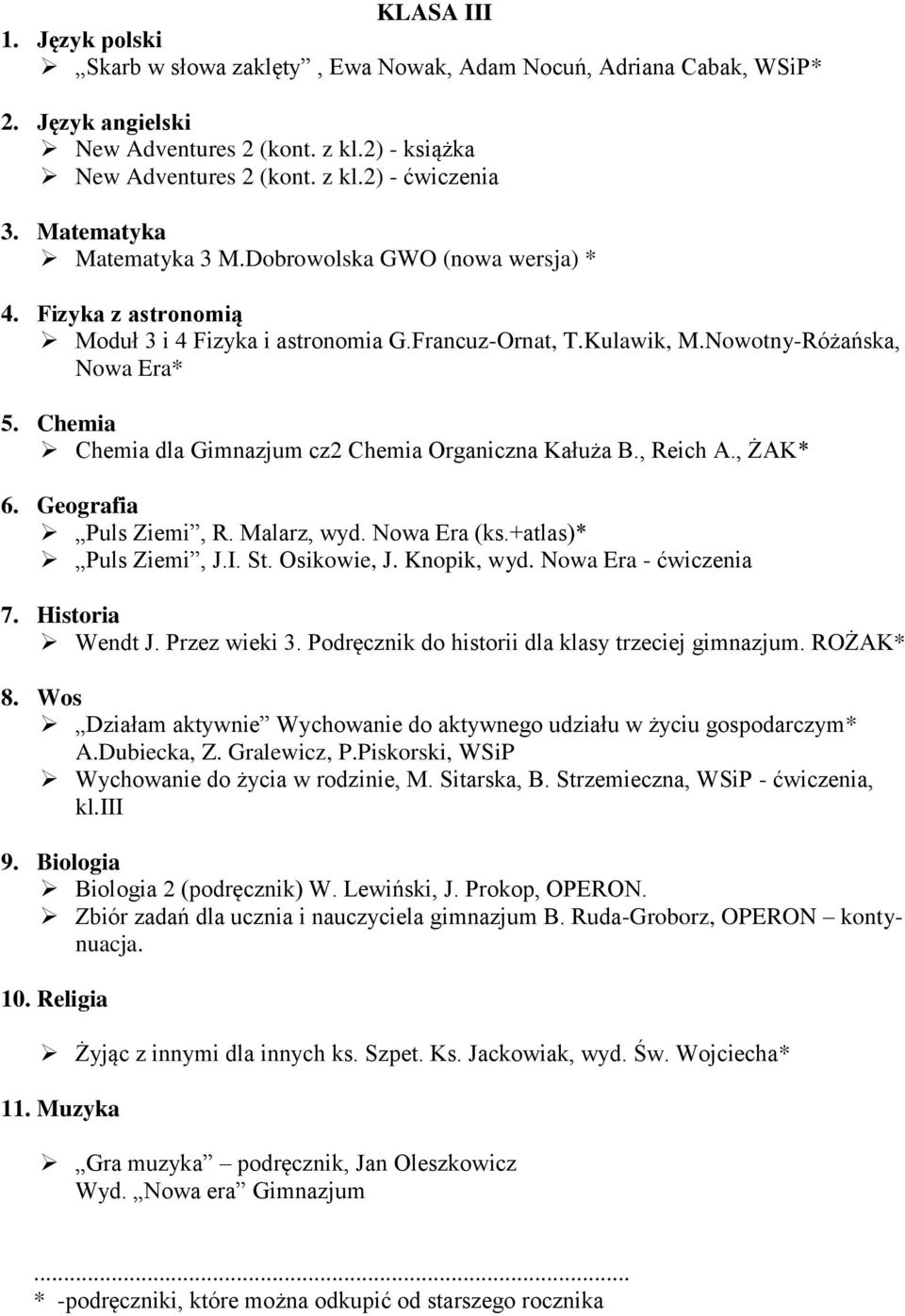 Chemia Chemia dla Gimnazjum cz2 Chemia Organiczna Kałuża B., Reich A., ŻAK* 6. Geografia Puls Ziemi, R. Malarz, wyd. Nowa Era (ks.+atlas)* Puls Ziemi, J.I. St. Osikowie, J. Knopik, wyd.