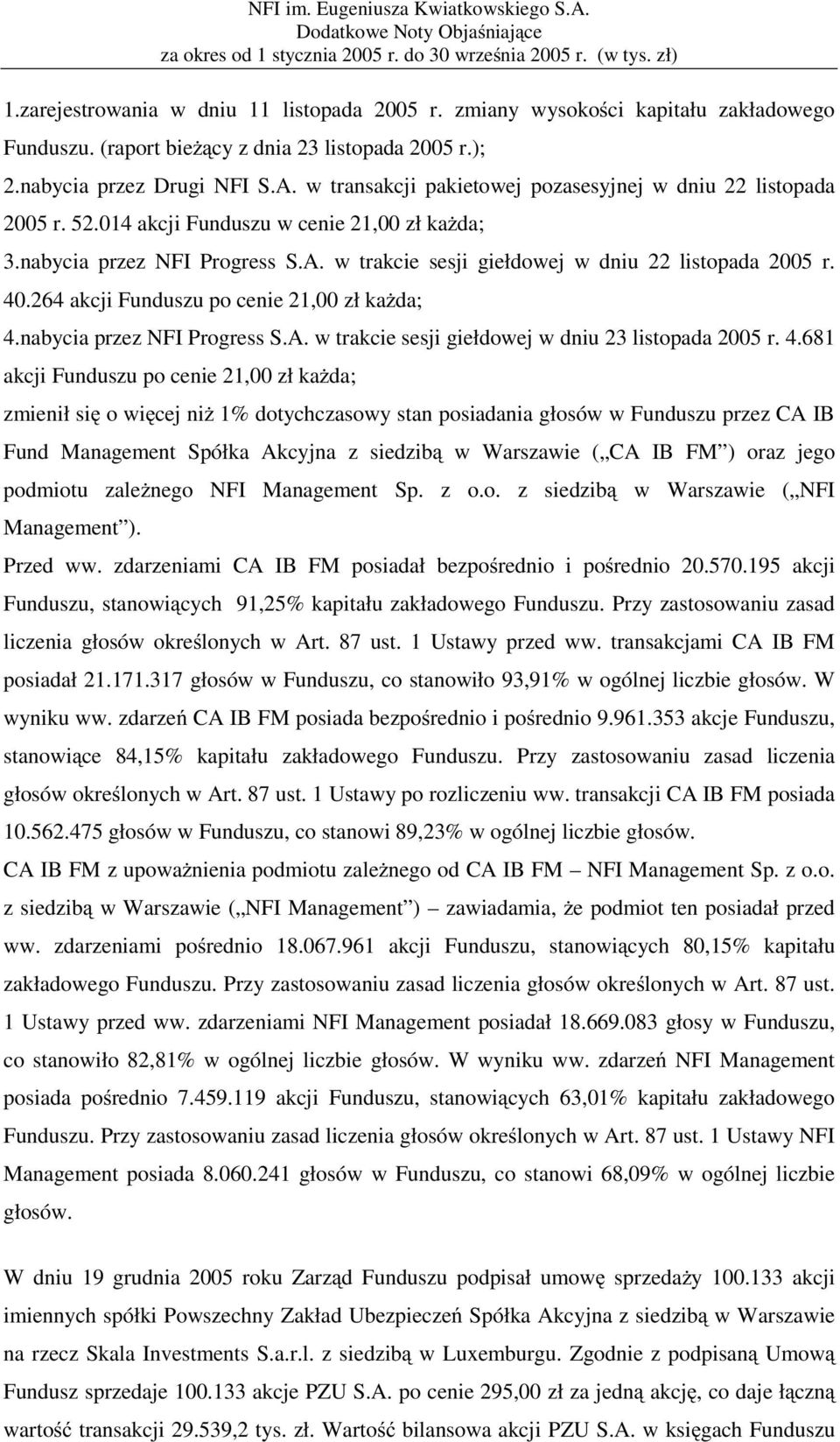 40.264 akcji Funduszu po cenie 21,00 zł każda; 4.