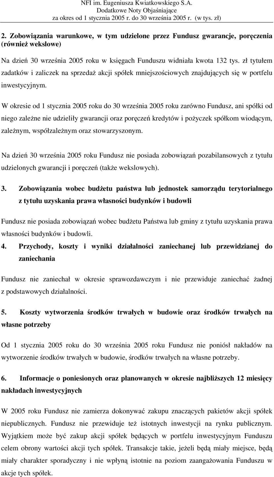 W okresie od 1 stycznia 2005 roku do 30 września 2005 roku zarówno Fundusz, ani spółki od niego zależne nie udzieliły gwarancji oraz poręczeń kredytów i pożyczek spółkom wiodącym, zależnym,