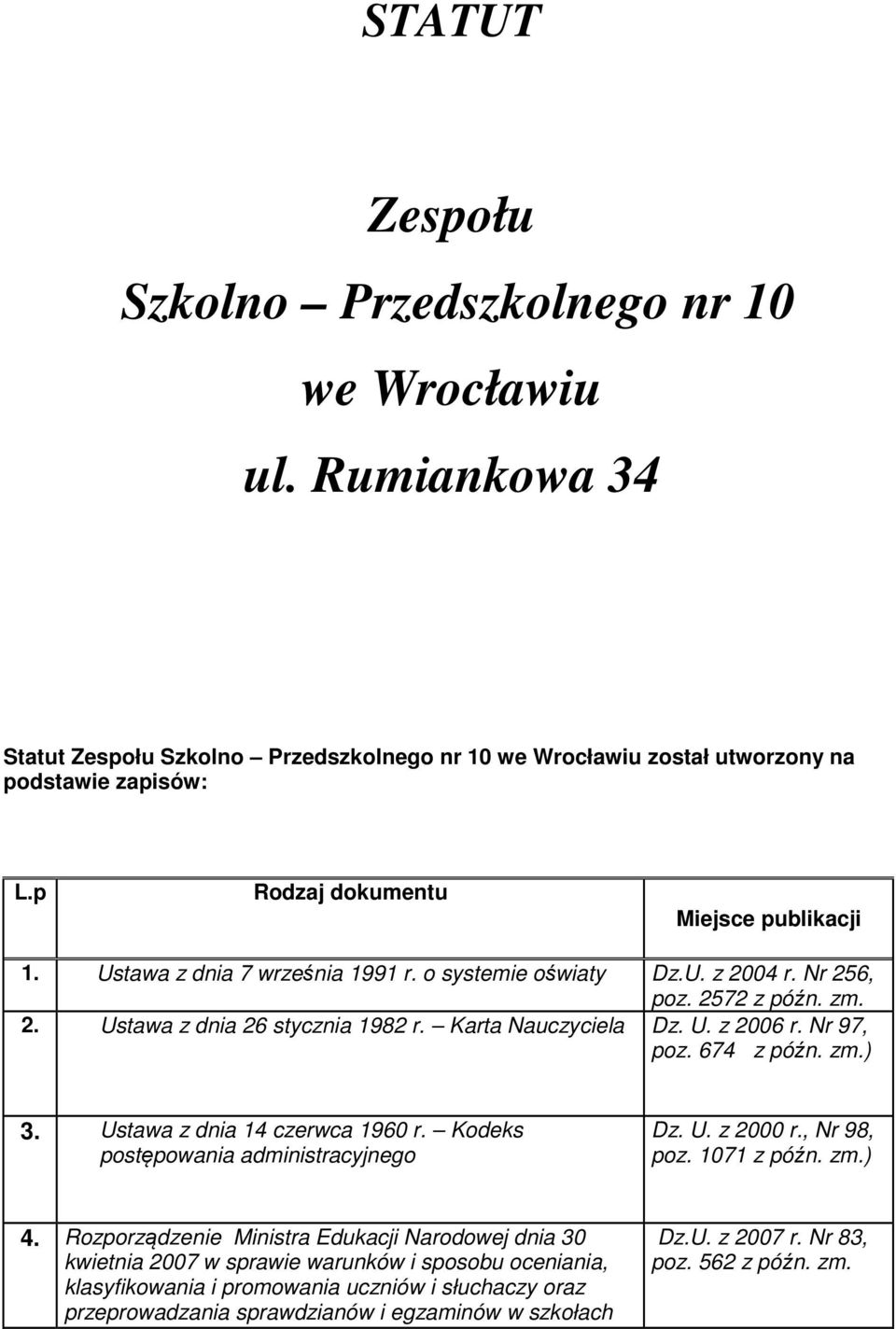 U. z 2006 r. Nr 97, poz. 674 z późn. zm.) 3. Ustawa z dnia 14 czerwca 1960 r. Kodeks postępowania administracyjnego Dz. U. z 2000 r., Nr 98, poz. 1071 z późn. zm.) 4.