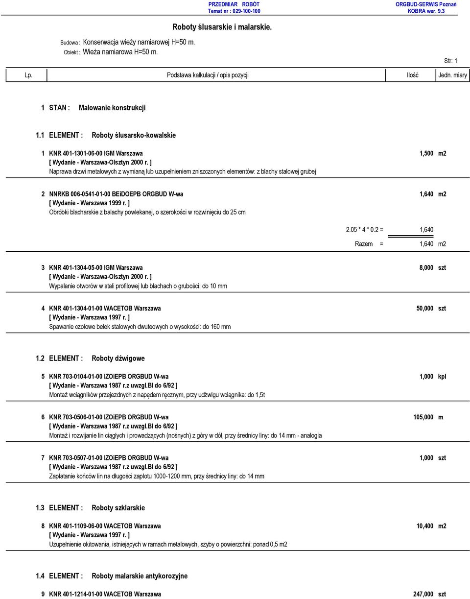 ] Naprawa drzwi metalowych z wymianą lub uzupełnieniem zniszczonych elementów: z blachy stalowej grubej 2 NNRKB 006-0541-01-00 BEiDOEPB ORGBUD W-wa 1,640 m2 [ Wydanie - Warszawa 1999 r.