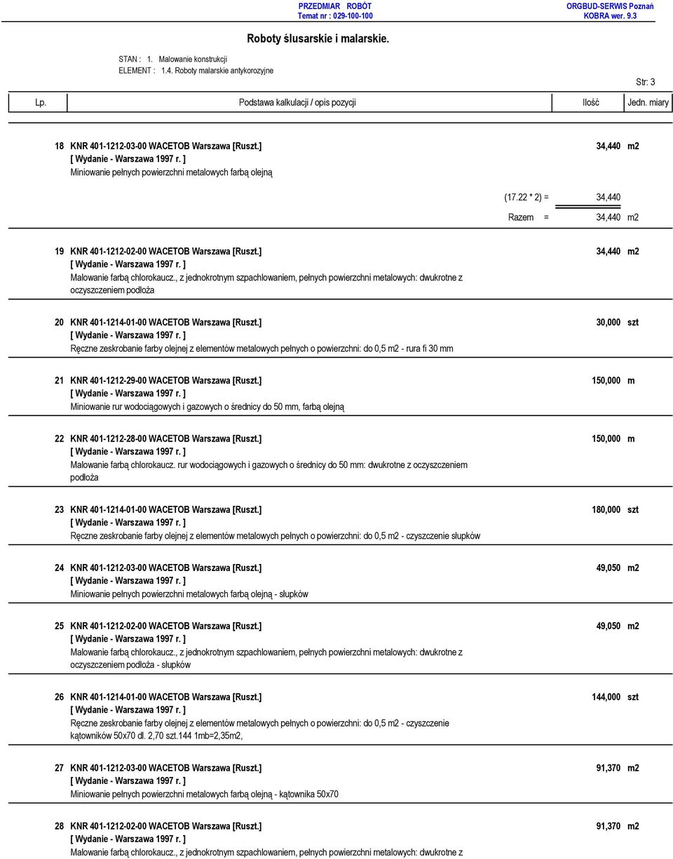 ] 30,000 szt Ręczne zeskrobanie farby olejnej z elementów metalowych pełnych o powierzchni: do 0,5 m2 - rura fi 30 mm 21 KNR 401-1212-29-00 WACETOB Warszawa [Ruszt.