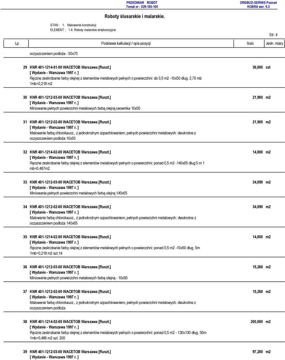 ] 21,900 m2 10x50 32 KNR 401-1214-02-00 WACETOB Warszawa [Ruszt.] 14,000 m2 Ręczne zeskrobanie farby olejnej z elementów metalowych pełnych o powierzchni: ponad 0,5 m2-140x65 dług.