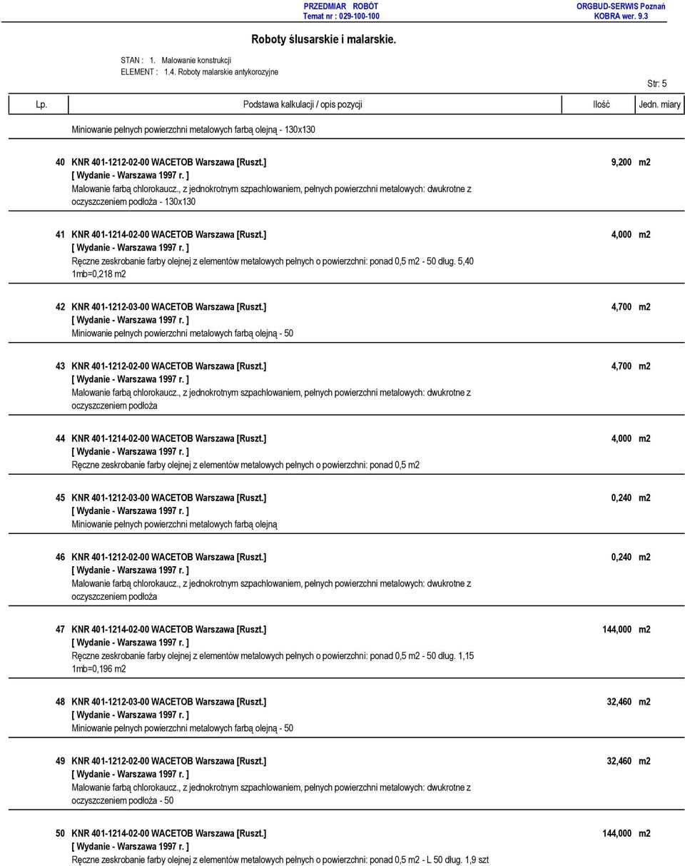 ] 4,700 m2-50 43 KNR 401-1212-02-00 WACETOB Warszawa [Ruszt.] 4,700 m2 44 KNR 401-1214-02-00 WACETOB Warszawa [Ruszt.