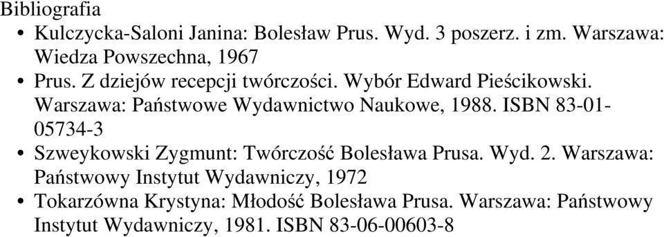 ISBN 83-01- 05734-3 Szweykowski Zygmunt: Twórczość Bolesława Prusa. Wyd. 2.