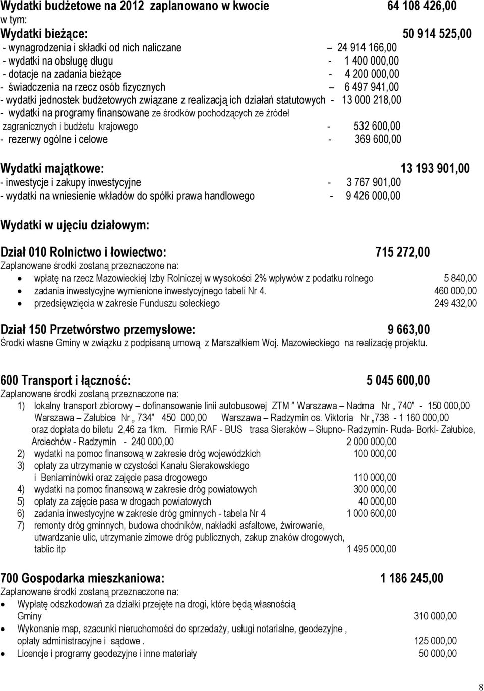 na programy finansowane ze środków pochodzących ze źródeł zagranicznych i budżetu krajowego - 532 600,00 - rezerwy ogólne i celowe - 369 600,00 Wydatki majątkowe: 13 193 901,00 - inwestycje i zakupy