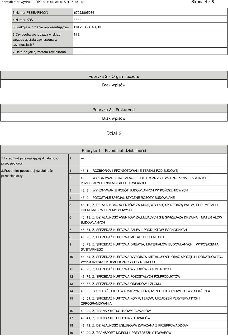 Przedmiot pozostałej działalności przedsiębiorcy 1 --- 1 43, 1,, ROZBIÓRKA I PRZYGOTOWANIE TERENU POD BUDOWĘ 2 43, 2,, WYKONYWANIE INSTALACJI ELEKTRYCZNYCH, WODNO-KANALIZACYJNYCH I POZOSTAŁYCH