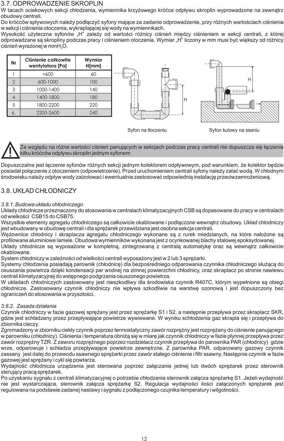 Wysokoœæ u yteczna syfonów H zale y od wartoœci ró nicy ciœnieñ miêdzy ciœnieniem w sekcji centrali, z której odprowadzane s¹ skropliny podczas pracy i ciœnieniem otoczenia.