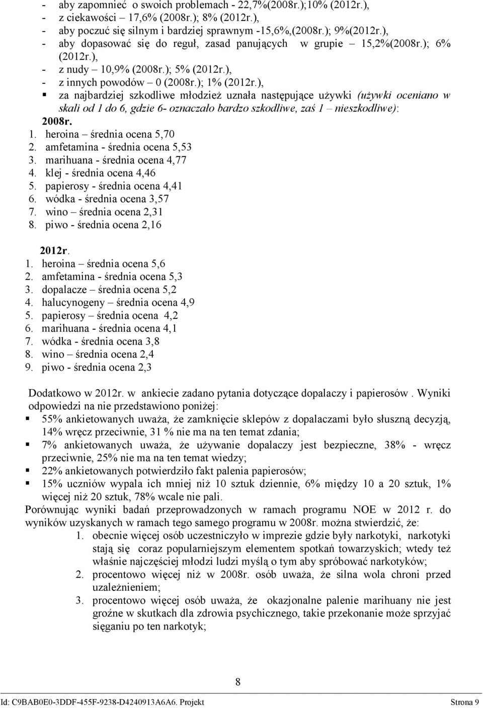 ), za najbardziej szkodliwe młodzież uznała następujące używki (używki oceniano w skali od 1 do 6, gdzie 6- oznaczało bardzo szkodliwe, zaś 1 nieszkodliwe): 2008r. 1. heroina średnia ocena 5,70 2.