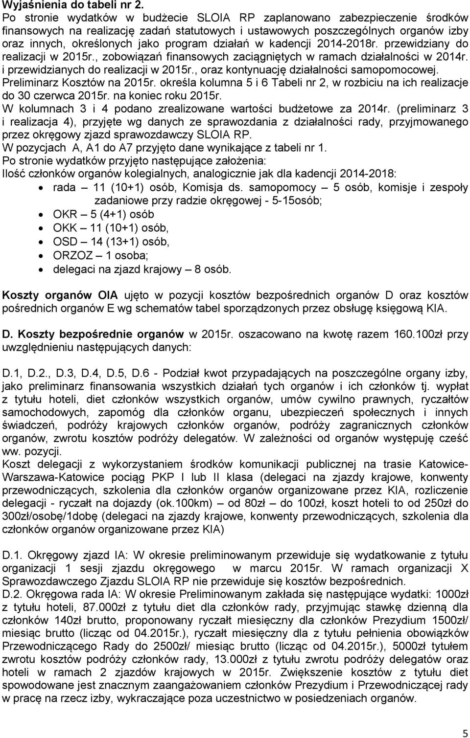 działań w kadencji 2014-2018r. przewidziany do realizacji w 2015r., zobowiązań finansowych zaciągniętych w ramach działalności w 2014r. i przewidzianych do realizacji w 2015r.