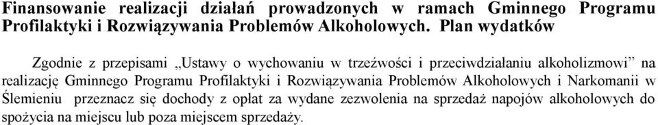 Plan wydatków Zgodnie z przepisami Ustawy o wychowaniu w trzeźwości i przeciwdziałaniu alkoholizmowi na realizację