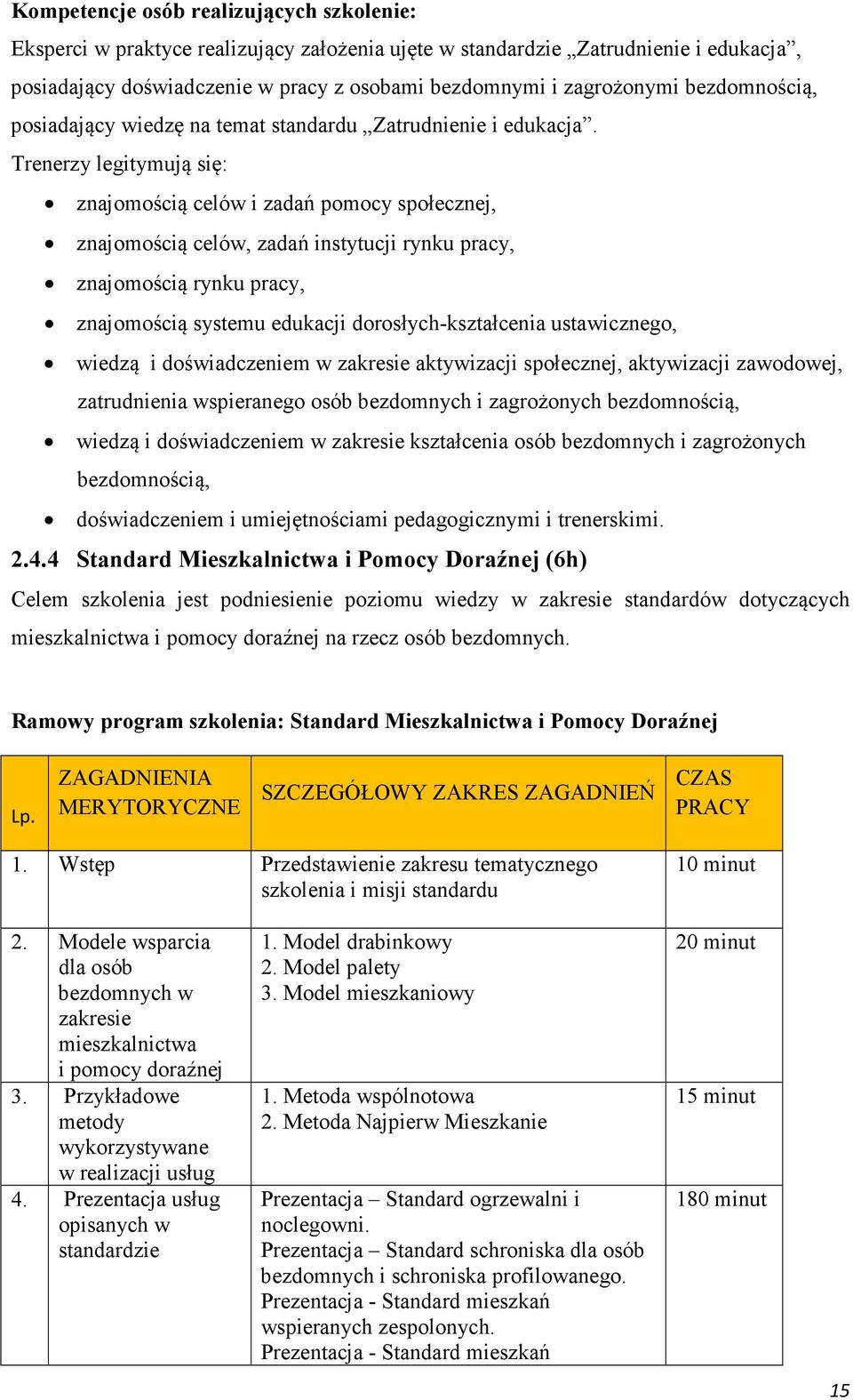 Trenerzy legitymują się: znajomością celów i zadań pomocy społecznej, znajomością celów, zadań instytucji rynku pracy, znajomością rynku pracy, znajomością systemu edukacji dorosłych-kształcenia