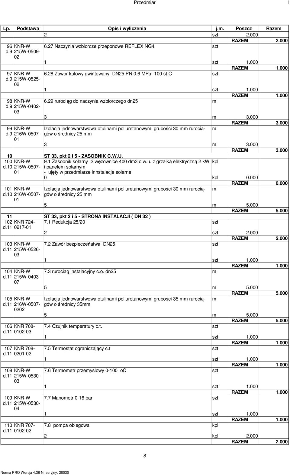 000 10 ST 33, pkt 2 i 5 - ZASOBNK C.W.U. KNR-W 215W-0507- - ujęty w przediarze innstalacje solarne 1 KNR-W d.10 216W-0507-9.1 Zasobnik solarny 2 wężownice 400 d3 c.w.u. z grzałką elektryczną 2 kw i panele solarny 0 kpl 0.