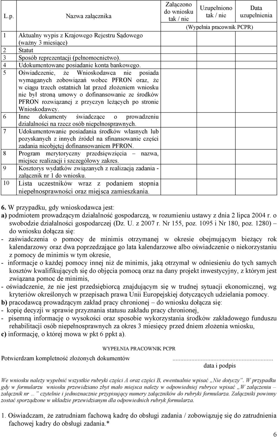 rozwiązanej z przyczyn leżących po stronie Wnioskodawcy. 6 Inne dokumenty świadczące o prowadzeniu działalności na rzecz osób niepełnosprawnych.