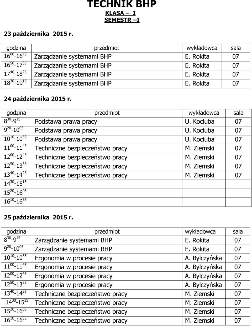 Kociuba 07 11 00-11 45 Techniczne bezpieczeństwo pracy M. Ziemski 07 12 00-12 45 Techniczne bezpieczeństwo pracy M. Ziemski 07 12 50-13 35 Techniczne bezpieczeństwo pracy M.