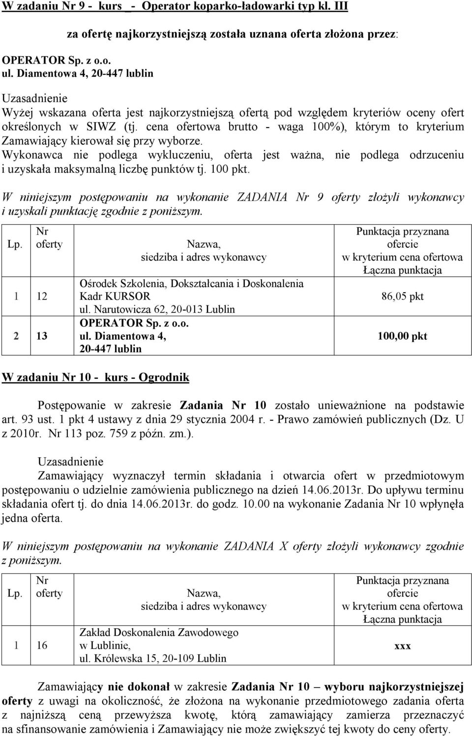 Diamentowa 4, 20-447 lublin W zadaniu 10 - kurs - Ogrodnik 86,05 pkt Postępowanie w zakresie Zadania 10 zostało unieważnione na podstawie art. 93 ust. 1 pkt 4 ustawy z dnia 29 stycznia 2004 r.