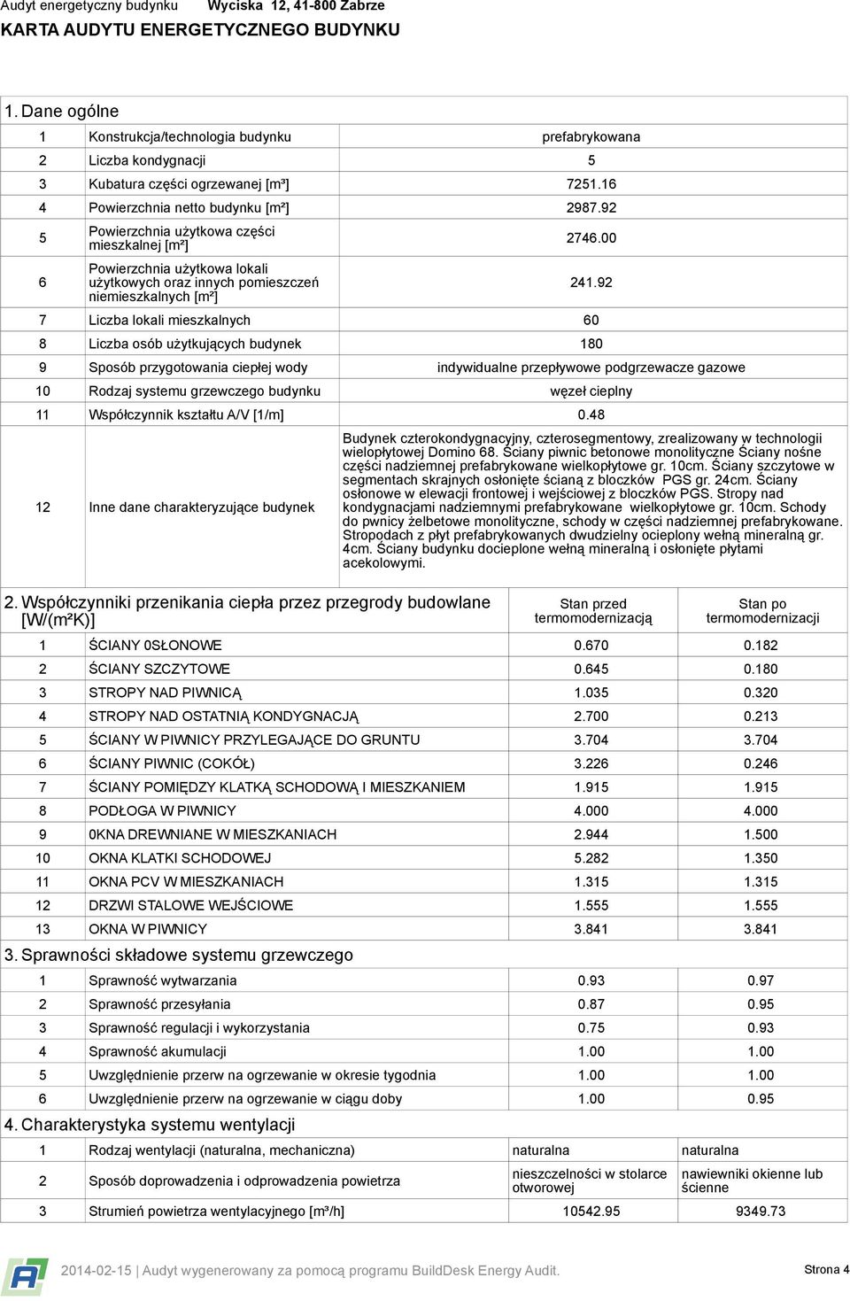 92 7 Liczba lokali mieszkalnych 60 8 Liczba osób użytkujących budynek 180 9 Sposób przygotowania ciepłej wody indywidualne przepływowe podgrzewacze gazowe 10 Rodzaj systemu grzewczego budynku węzeł