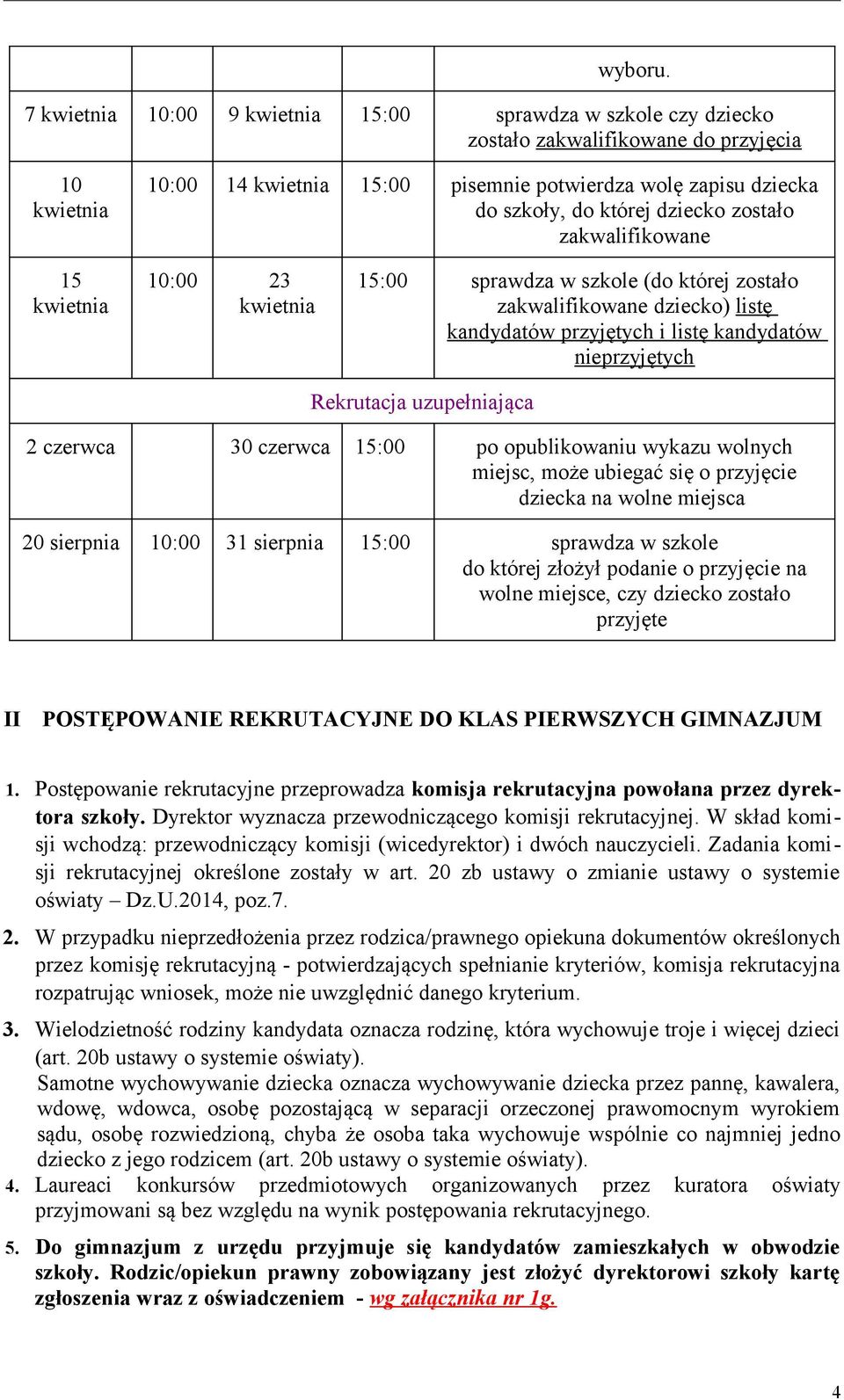 dziecko zostało zakwalifikowane 15 kwietnia 10:00 23 kwietnia 15:00 sprawdza w szkole (do której zostało zakwalifikowane dziecko) listę kandydatów przyjętych i listę kandydatów nieprzyjętych