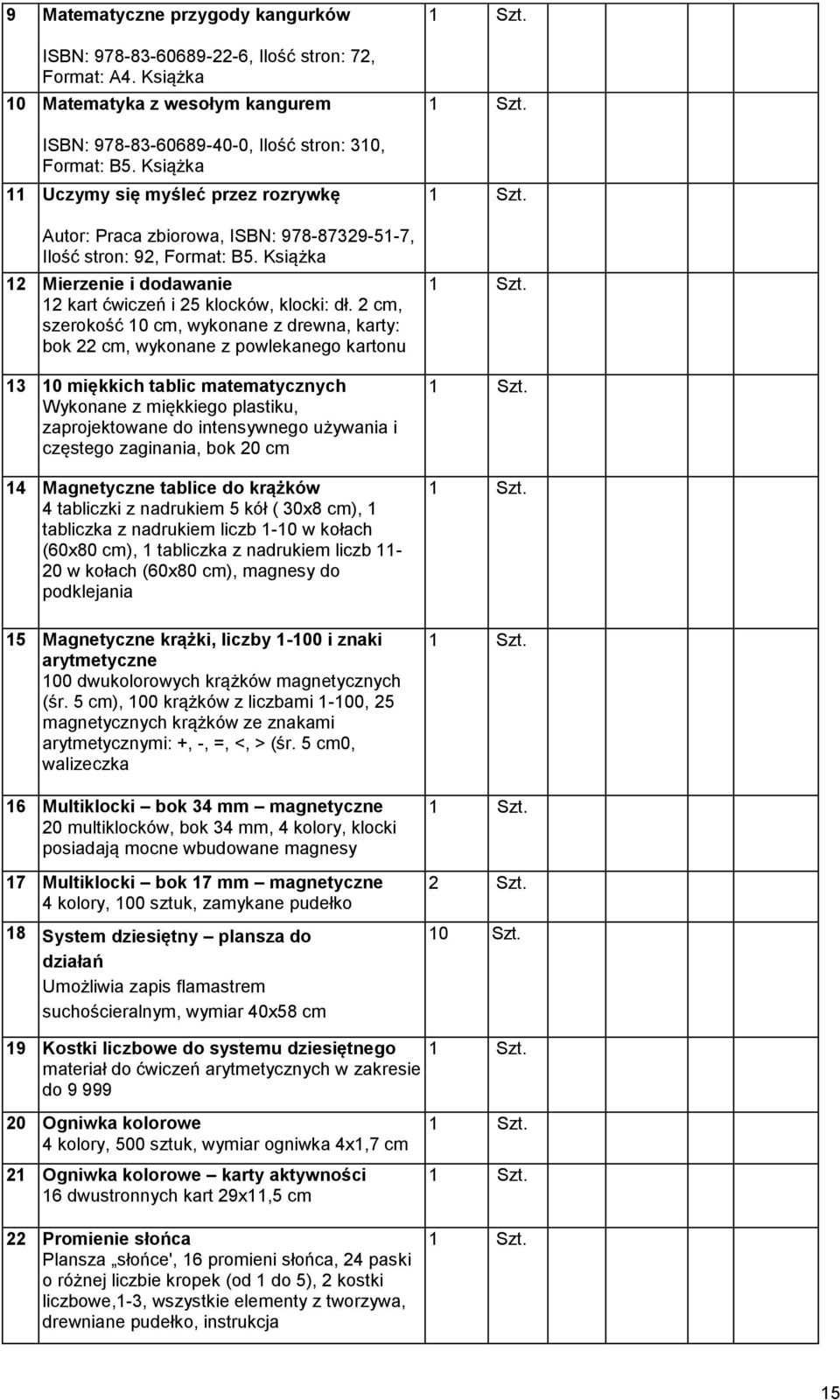 2 cm, szerokość 10 cm, wykonane z drewna, karty: bok 22 cm, wykonane z powlekanego kartonu 13 10 miękkich tablic matematycznych Wykonane z miękkiego plastiku, zaprojektowane do intensywnego używania