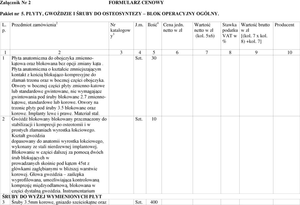 Płyta anatomiczna o kształcie zmniejszającym kontakt z kością blokująco-kompresyjne do złamań trzonu oraz w bocznej części obojczyka.