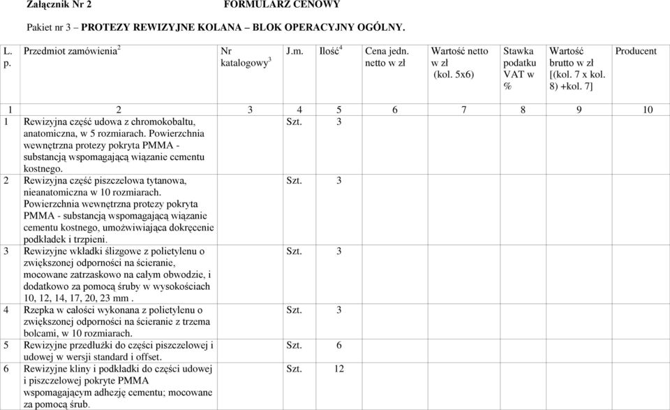 Powierzchnia wewnętrzna protezy pokryta PMMA - substancją wspomagającą wiązanie cementu kostnego. 2 Rewizyjna część piszczelowa tytanowa, Szt. 3 nieanatomiczna w 10 rozmiarach.