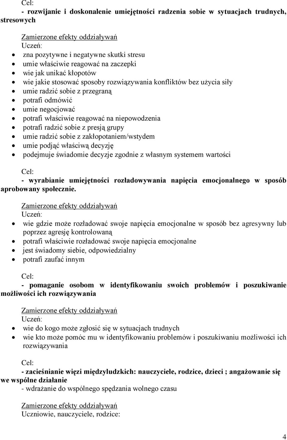 umie radzić sobie z zakłopotaniem/wstydem umie podjąć właściwą decyzję podejmuje świadomie decyzje zgodnie z własnym systemem wartości - wyrabianie umiejętności rozładowywania napięcia emocjonalnego