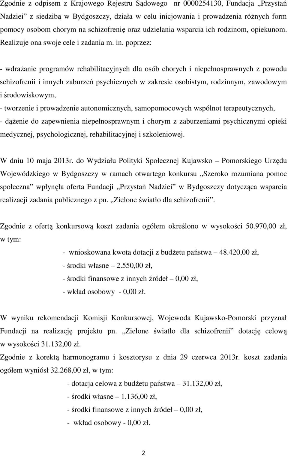 poprzez: - wdrażanie programów rehabilitacyjnych dla osób chorych i niepełnosprawnych z powodu schizofrenii i innych zaburzeń psychicznych w zakresie osobistym, rodzinnym, zawodowym i środowiskowym,