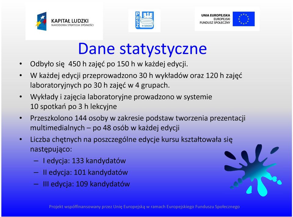 Wykłady i zajęcia laboratoryjne prowadzono w systemie 10 spotkań po 3 h lekcyjne Przeszkolono 144 osoby w zakresie podstaw