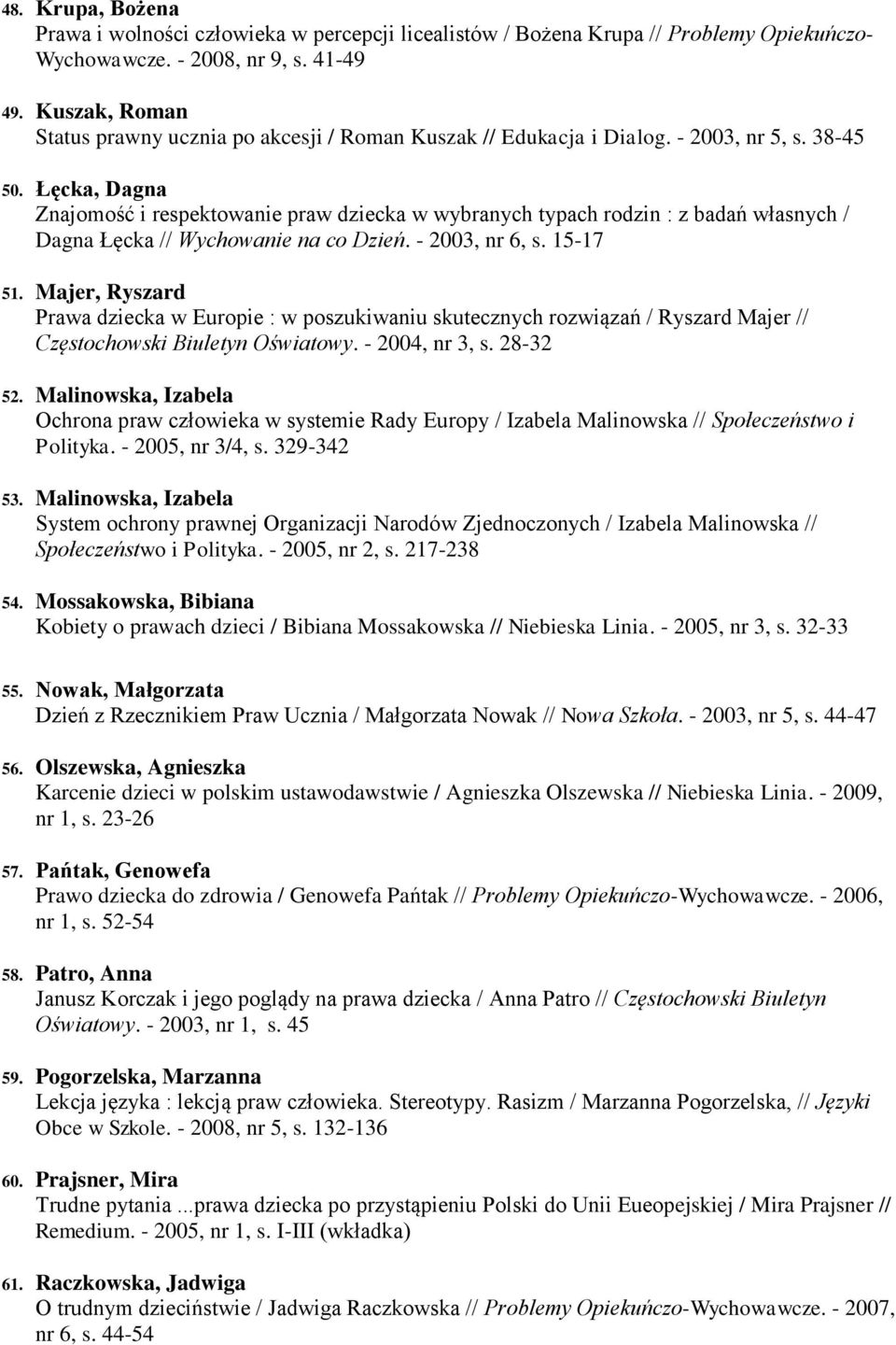 Łęcka, Dagna Znajomość i respektowanie praw dziecka w wybranych typach rodzin : z badań własnych / Dagna Łęcka // Wychowanie na co Dzień. - 2003, nr 6, s. 15-17 51.