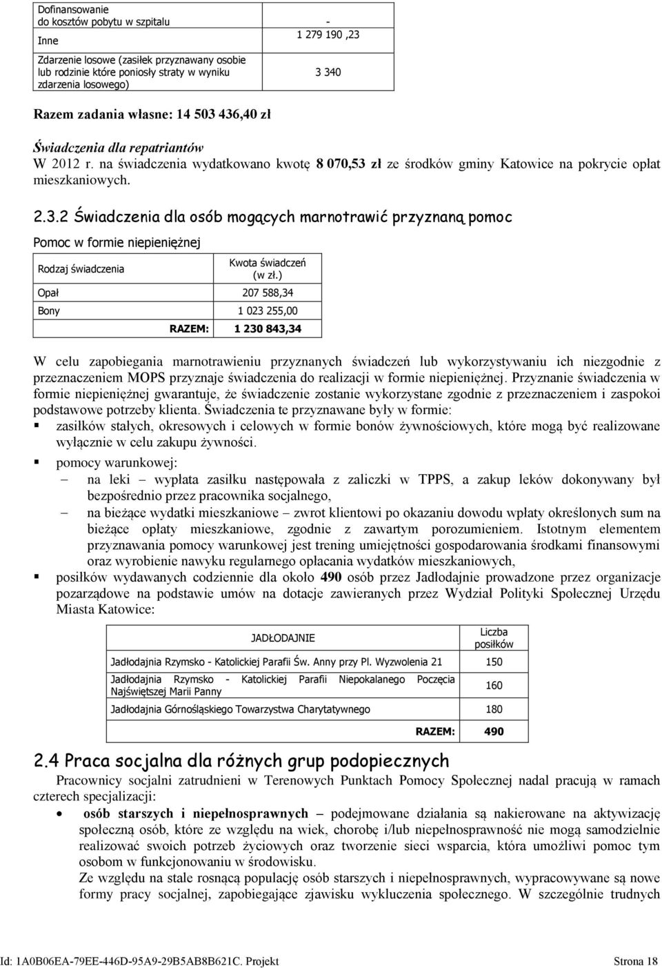 ) Opał 207 588,34 Bony 1 023 255,00 RAZEM: 1 230 843,34 W celu zapobiegania marnotrawieniu przyznanych świadczeń lub wykorzystywaniu ich niezgodnie z przeznaczeniem MOPS przyznaje świadczenia do