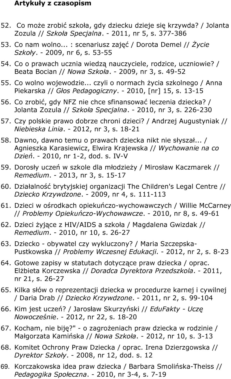 Co wolno wojewodzie... czyli o normach życia szkolnego / Anna Piekarska // Głos Pedagogiczny. - 2010, [nr] 15, s. 13-15 56. Co zrobić, gdy NFZ nie chce sfinansować leczenia dziecka?