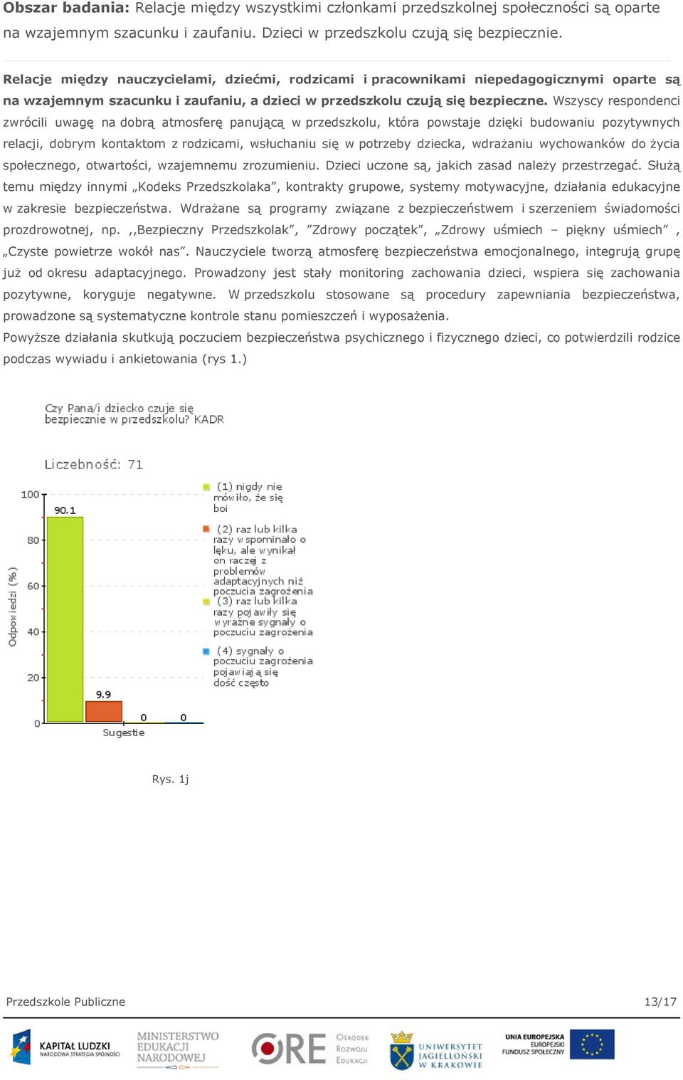 Wszyscy respondenci zwrócili uwagę na dobrą atmosferę panującą w przedszkolu, która powstaje dzięki budowaniu pozytywnych relacji, dobrym kontaktom z rodzicami, wsłuchaniu się w potrzeby dziecka,