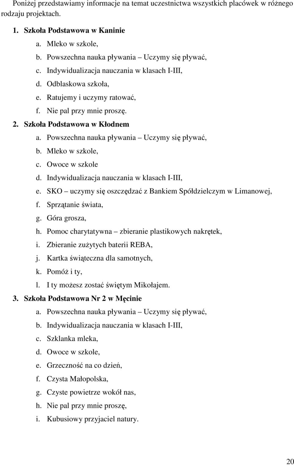 Szkoła Podstawowa w Kłodnem a. Powszechna nauka pływania Uczymy się pływać, b. Mleko w szkole, c. Owoce w szkole d. Indywidualizacja nauczania w klasach I-III, e.