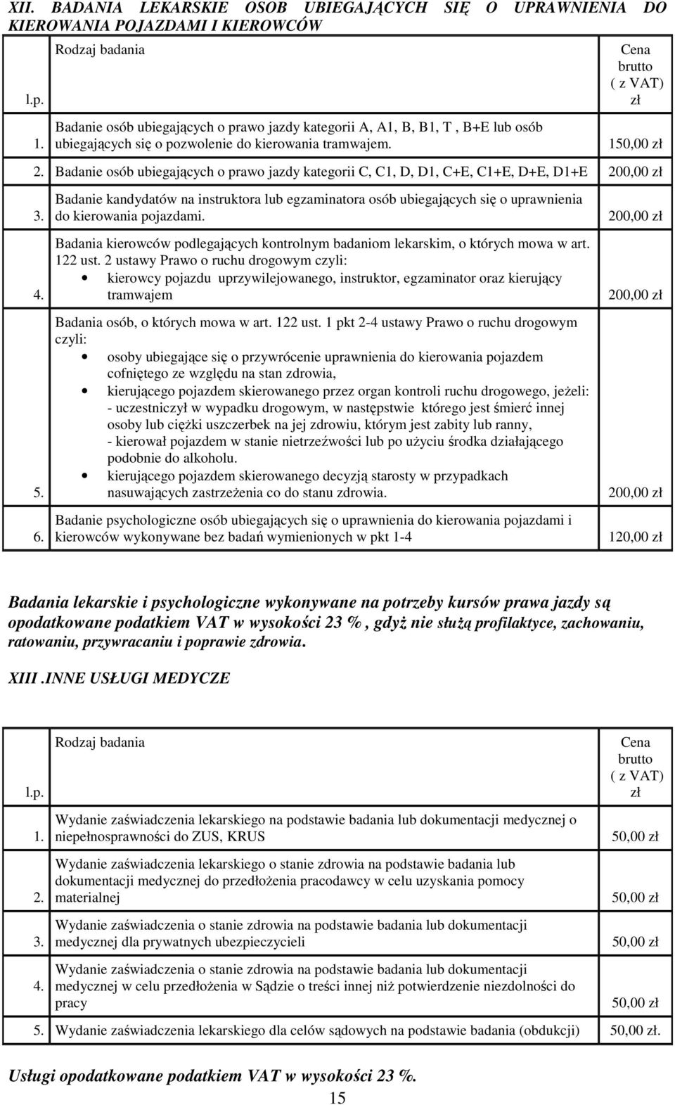 Badanie osób ubiegających o prawo jazdy kategorii C, C1, D, D1, C+E, C1+E, D+E, D1+E 200,00 zł 3. 4. 5. 6.