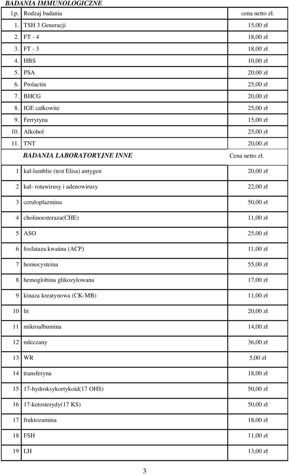 1 kał-lamblie (test Elisa) antygen 20,00 zł 2 kał- rotawirusy i adenowirusy 22,00 zł 3 ceruloplazmina 50,00 zł 4 cholinoesteraza(che) 11,00 zł 5 ASO 25,00 zł 6 fosfataza kwaśna (ACP) 11,00 zł 7