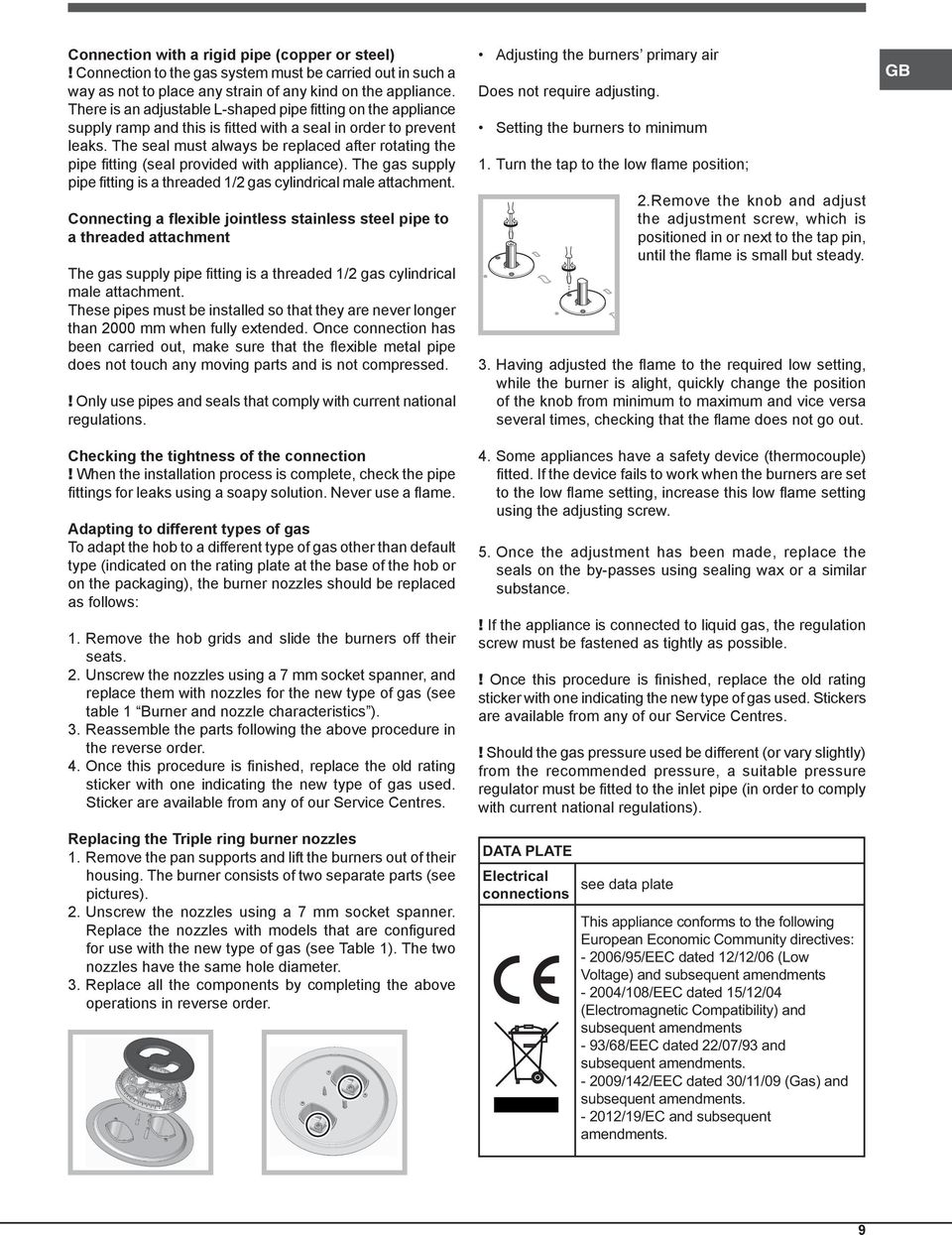 The seal must always be replaced after rotating the pipe fitting (seal provided with appliance). The gas supply pipe fitting is a threaded 1/2 gas cylindrical male attachment.