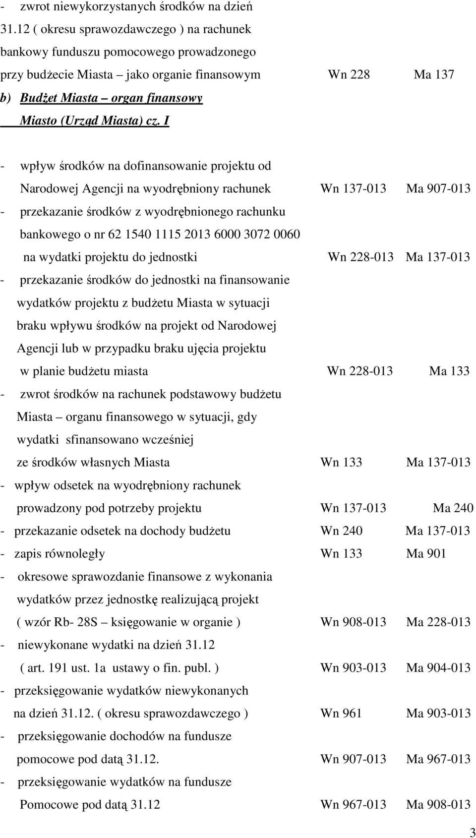 I - wpływ środków na dofinansowanie projektu od Narodowej Agencji na wyodrębniony rachunek Wn 137-013 Ma 907-013 - przekazanie środków z wyodrębnionego rachunku bankowego o nr 62 1540 1115 2013 6000