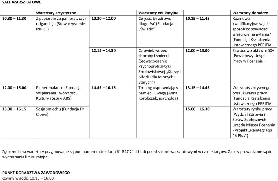 15 Sesja śmiechu (Fundacja Dr Clown) 12.15 14.30 Człowiek wobec choroby i śmierci (Stowarzyszenie Psychoprofilaktyki Środowiskowej Starzy i Młodzi dla Młodych i Starych ) 14.45 16.