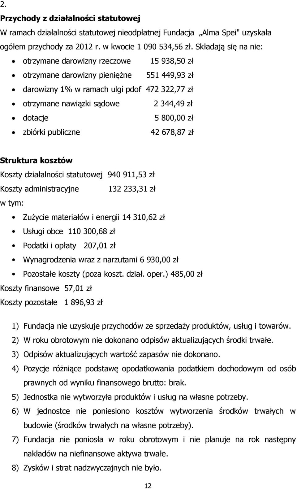 5 800,00 zł zbiórki publiczne 42 678,87 zł Struktura kosztów Koszty działalności statutowej 940 911,53 zł Koszty administracyjne 132 233,31 zł w tym: Zużycie materiałów i energii 14 310,62 zł Usługi